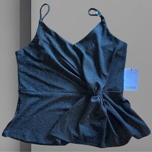 Side Twist Peplum Cami Tank Top Black Sparkle Lurex Knit Adjustable Straps